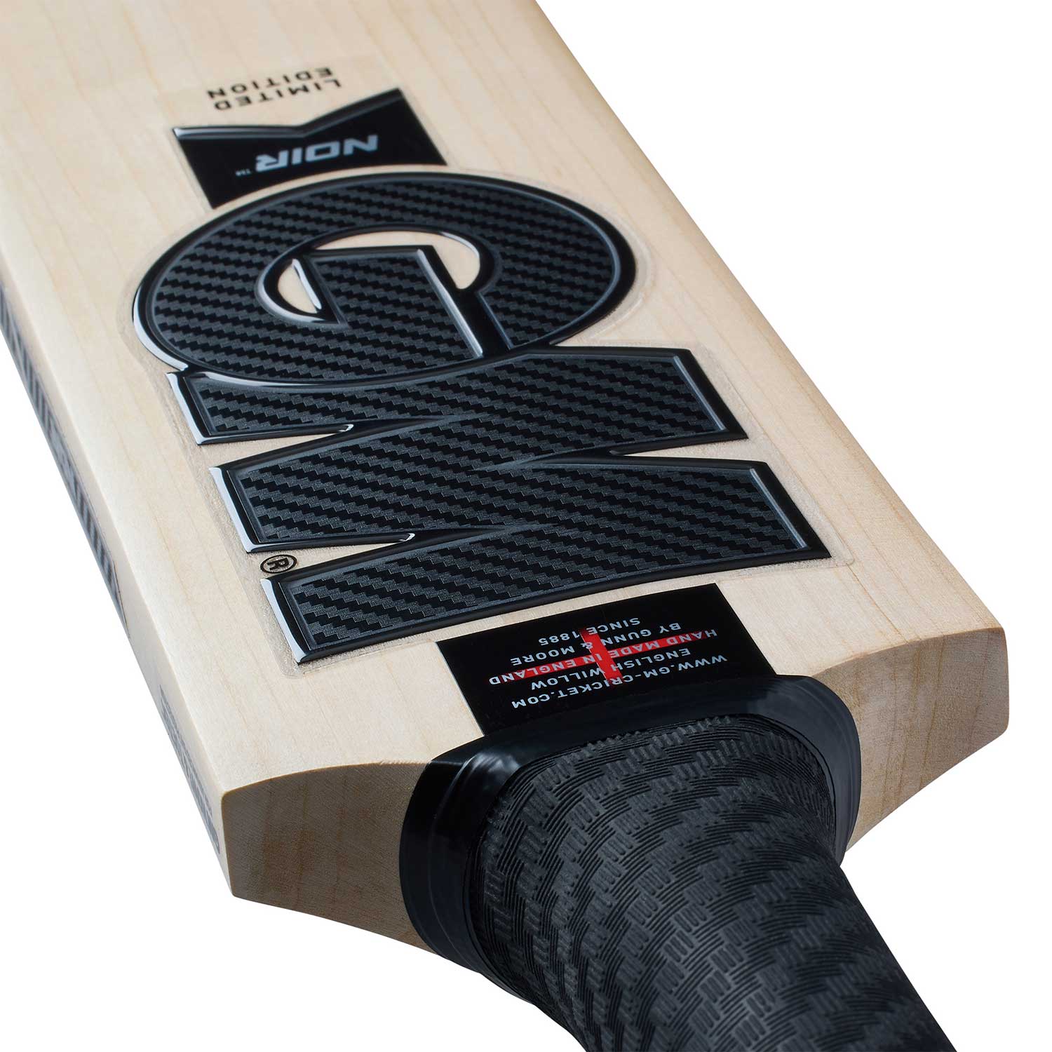 Close-up of a cricket bat with a brand logo on a white background
