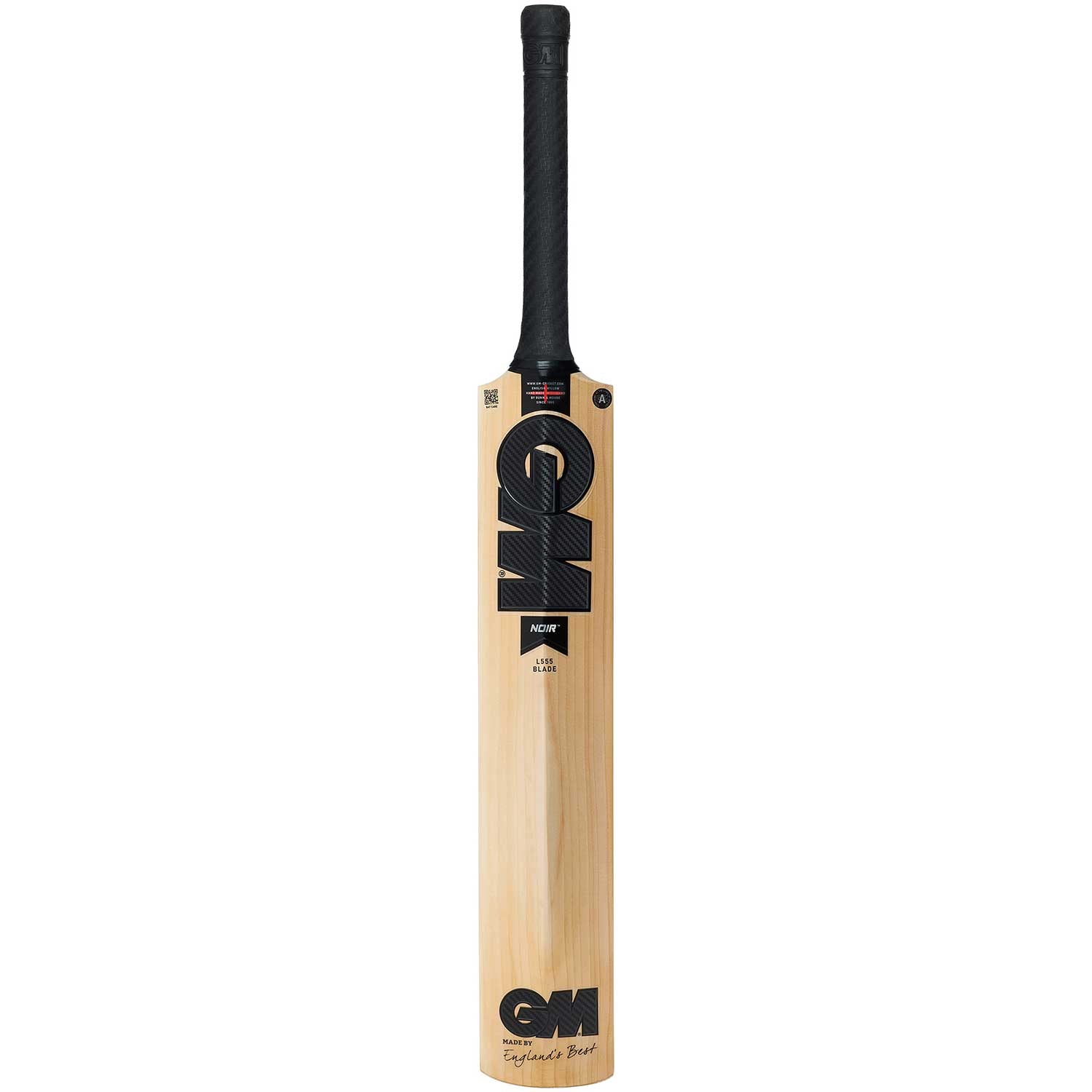 Cricket bat with GM logo on a white background
