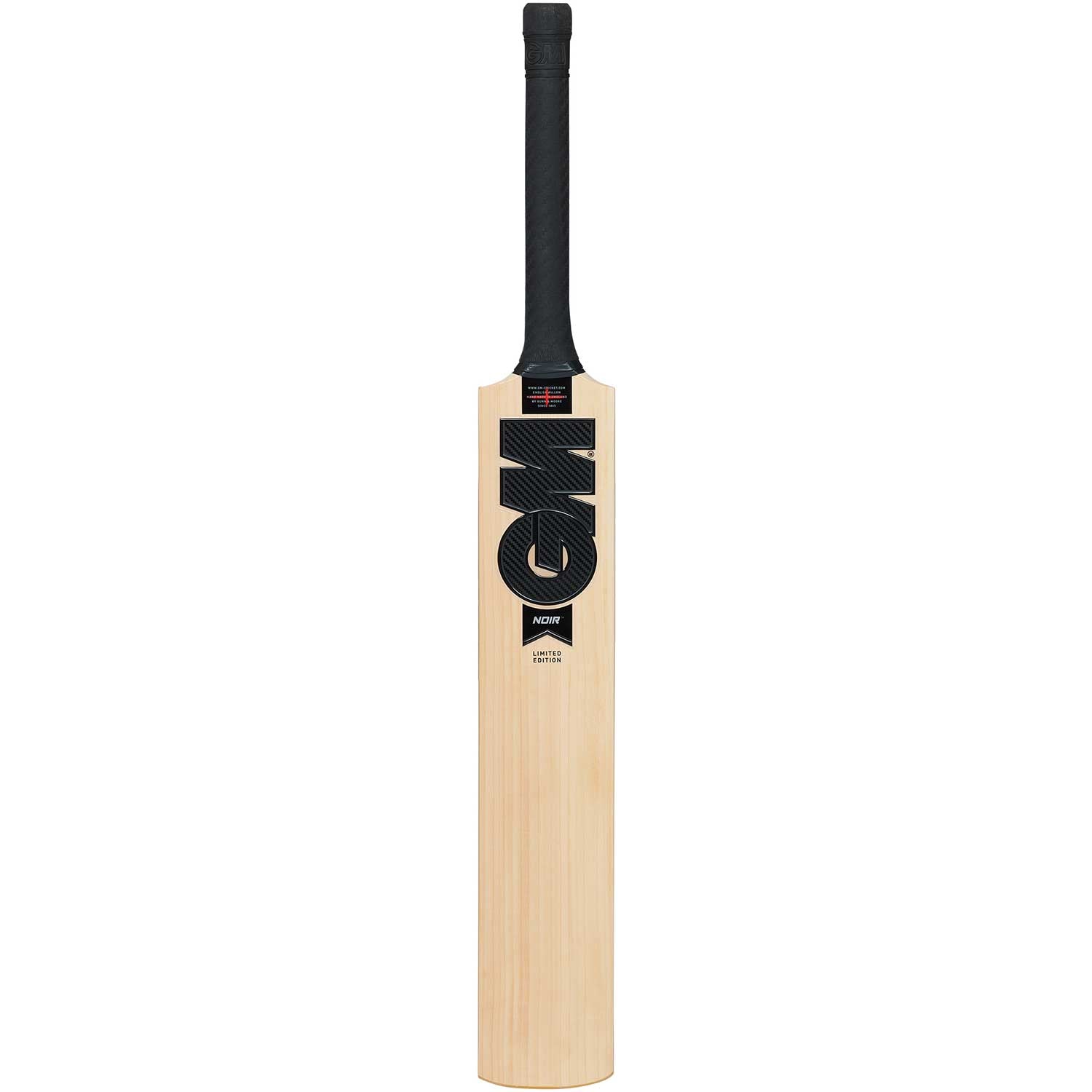 A single cricket bat shown vertically against a plain white background. The bat has a light natural wood blade with a large black 'GM' logo on the front, a black handle wrap, and a black grip.