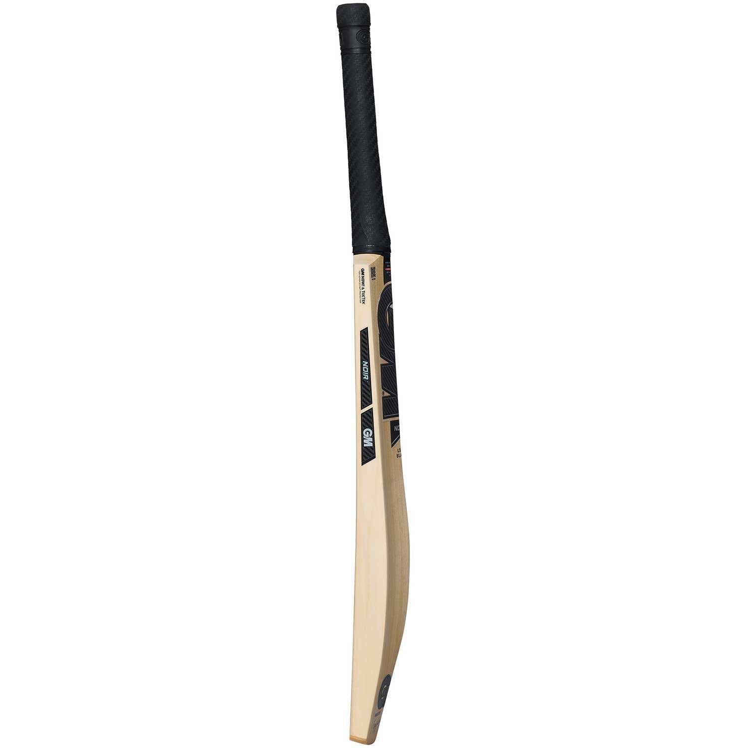 A single cricket bat shown vertically against a plain white background. The bat has a natural light wood blade with black graphics, and a black wrapped handle.